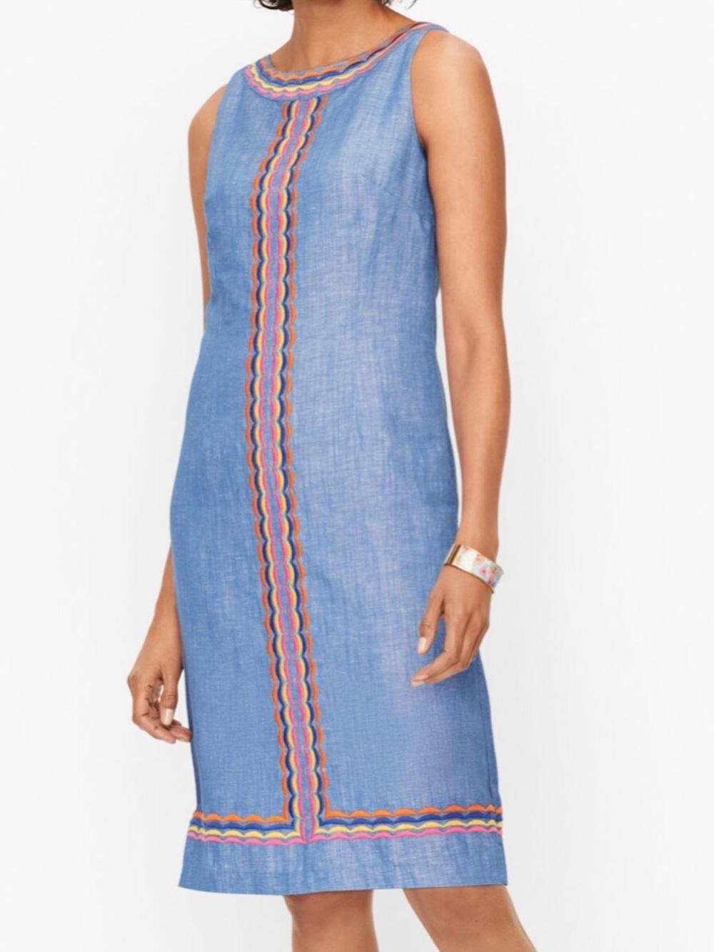 Talbots Linen Blend Embroidered Scallop Detail Chambray Shift Dress Size 4